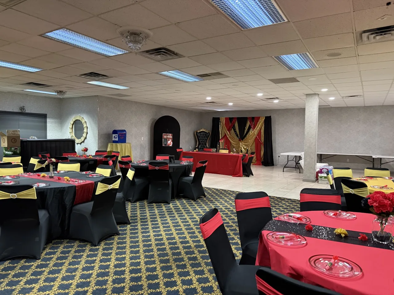 Celebration event setup inside Livonia Banquets hall